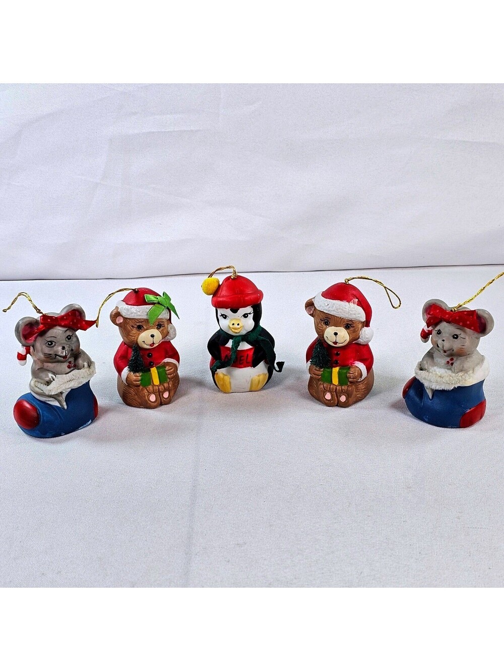 Vintage Giftco Ceramic Christmas Bell Ornaments Set of 5 Mice Bears Penguin